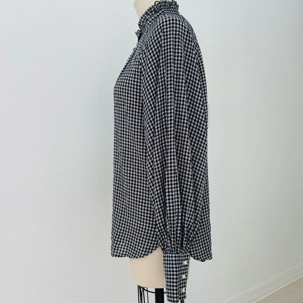 J Crew Ruffle Blouse NWT Black & White Plaid Cotton Blend Cottagecore 10